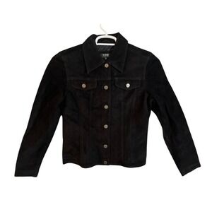 For Joseph Suede Trucker Jacket Black Size Medium Button Front Classic Style